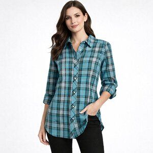 Talbots turquoise plaid blouse size MP